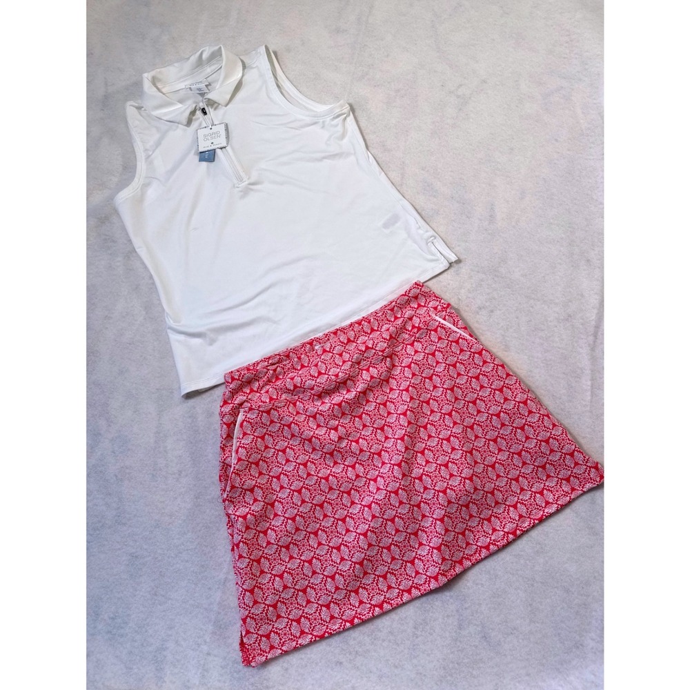 Sigrid Olsen White Sleeveless Polo Top with Pink Patterned Skirt